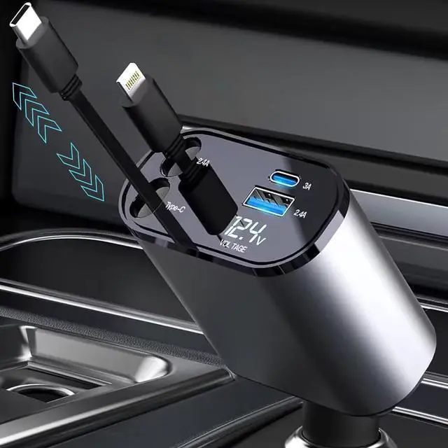 Main image of Retractable Car Charger Fast Charging - 66W 4-in-1 USB C Car Phone Charger Cigarette Lighter Adapter Car Charger Compatible with iPhone 15 14 13 12 Pro Max iPad Android Pixel Huawei Tablet