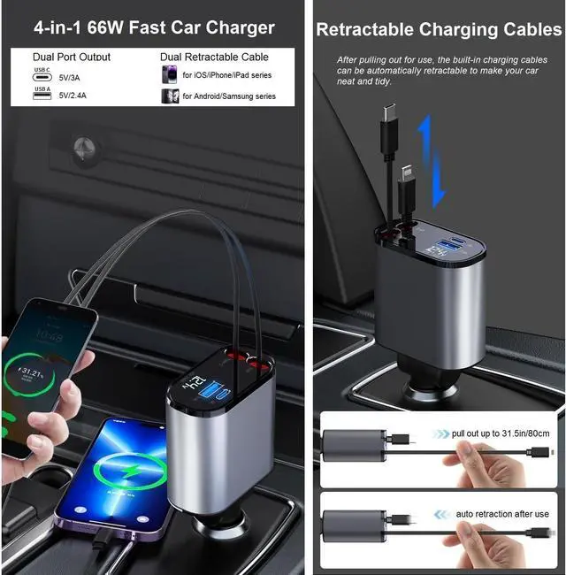 Alt view image 2 of 6 - Retractable Car Charger Fast Charging - 66W 4-in-1 USB C Car Phone Charger Cigarette Lighter Adapter Car Charger Compatible with iPhone 15 14 13 12 Pro Max iPad Android Pixel Huawei Tablet