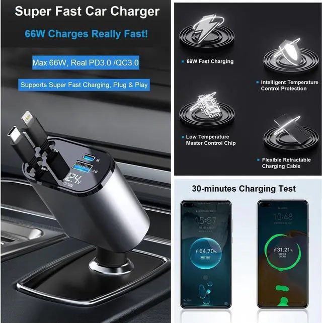 Alt view image 3 of 6 - Retractable Car Charger Fast Charging - 66W 4-in-1 USB C Car Phone Charger Cigarette Lighter Adapter Car Charger Compatible with iPhone 15 14 13 12 Pro Max iPad Android Pixel Huawei Tablet