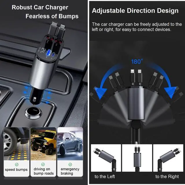 Alt view image 4 of 6 - Retractable Car Charger Fast Charging - 66W 4-in-1 USB C Car Phone Charger Cigarette Lighter Adapter Car Charger Compatible with iPhone 15 14 13 12 Pro Max iPad Android Pixel Huawei Tablet
