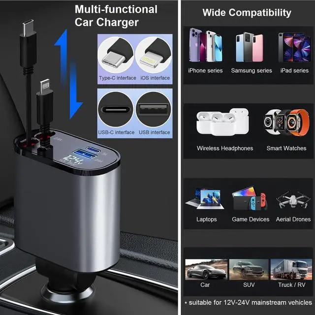 Alt view image 5 of 6 - Retractable Car Charger Fast Charging - 66W 4-in-1 USB C Car Phone Charger Cigarette Lighter Adapter Car Charger Compatible with iPhone 15 14 13 12 Pro Max iPad Android Pixel Huawei Tablet