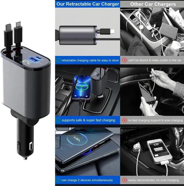 Alt view image 6 of 6 - Retractable Car Charger Fast Charging - 66W 4-in-1 USB C Car Phone Charger Cigarette Lighter Adapter Car Charger Compatible with iPhone 15 14 13 12 Pro Max iPad Android Pixel Huawei Tablet