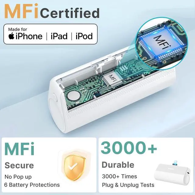 Alt view image 2 of 6 - KKD Portable Charger for iPhone, Built-in MFi Certified Plug, 5000mAh Small Portable Phone Charger Power Bank for iPhone 14/13/12/11/XR/X/SE/8/7/6/6s/Pro Max/Plus,,iPad,White
