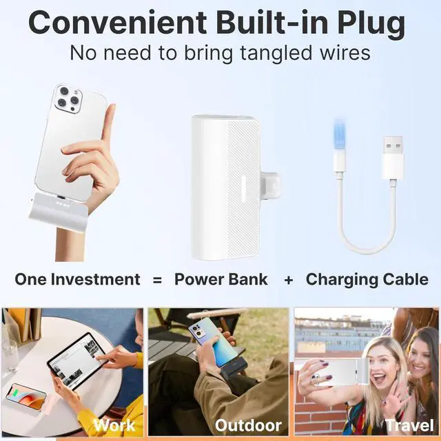 Alt view image 3 of 6 - KKD Portable Charger for iPhone, Built-in MFi Certified Plug, 5000mAh Small Portable Phone Charger Power Bank for iPhone 14/13/12/11/XR/X/SE/8/7/6/6s/Pro Max/Plus,,iPad,White