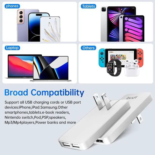 Alt view image 4 of 7 - BUDI 17W Extra Slim Portable Wall Charger 2-Port USB-A Wall Charger Convenient Travel Accessories Compatible with IPad iPhone Samsung Galaxy Switch, Etc.(White)