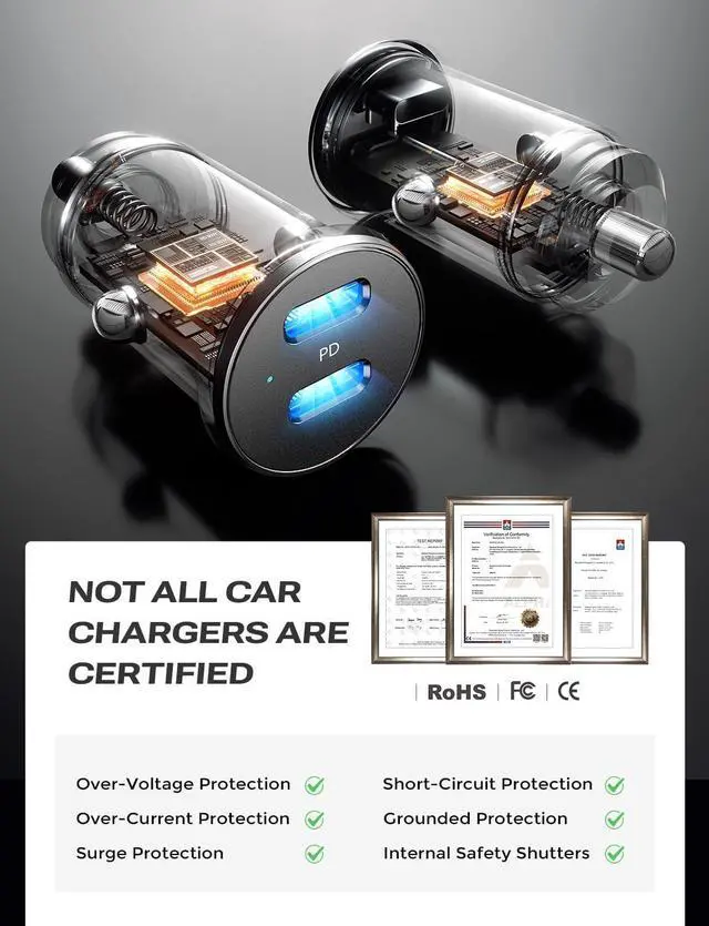 Alt view image 4 of 7 - LISEN USB C Car Charger Adapter, 60W Dual Port QC 3.0 Type C Adapter, Car Phone Charger Fast Charge USB C Cigarette Lighter Adapter for iPhone 15 14 13 12 X XS Pro Max Mini, Samsung Galaxy iPad Pro