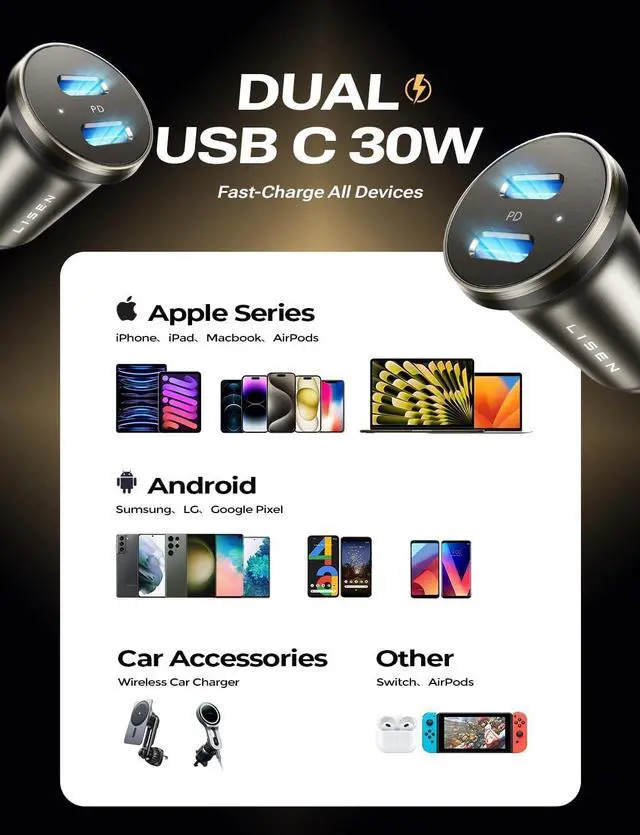 Alt view image 6 of 7 - LISEN USB C Car Charger Adapter, 60W Dual Port QC 3.0 Type C Adapter, Car Phone Charger Fast Charge USB C Cigarette Lighter Adapter for iPhone 15 14 13 12 X XS Pro Max Mini, Samsung Galaxy iPad Pro
