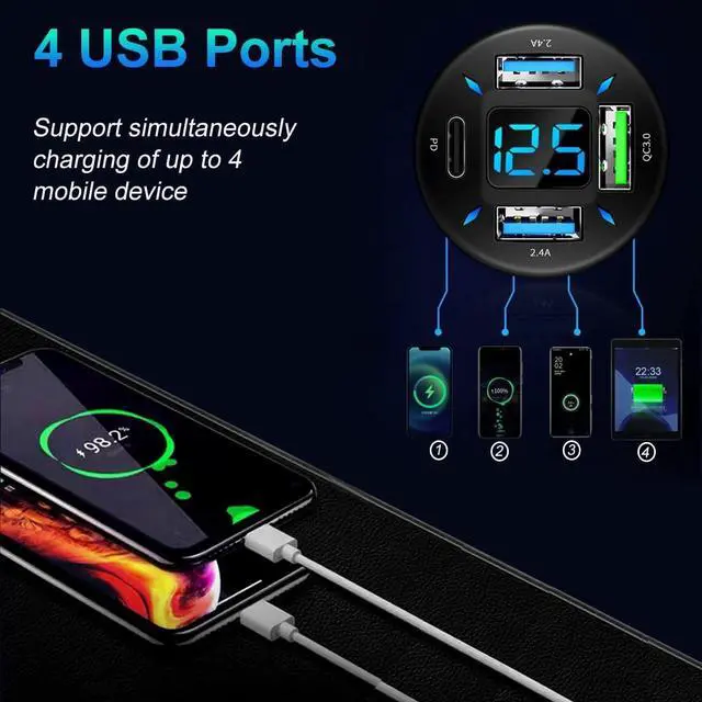 Alt view image 2 of 7 - GemCoo 4 Port USB Car Charger Adapter 50W PD & QC3.0 USB 2.4A Cigarette Lighter USB Charger with LED Voltmeter Fast Charger Compatible with iPhone, Android, Samsung, iPad Pro