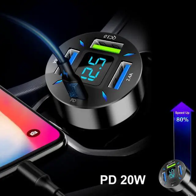 Alt view image 3 of 7 - GemCoo 4 Port USB Car Charger Adapter 50W PD & QC3.0 USB 2.4A Cigarette Lighter USB Charger with LED Voltmeter Fast Charger Compatible with iPhone, Android, Samsung, iPad Pro