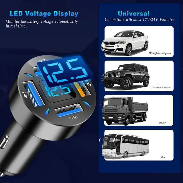 Alt view image 5 of 7 - GemCoo 4 Port USB Car Charger Adapter 50W PD & QC3.0 USB 2.4A Cigarette Lighter USB Charger with LED Voltmeter Fast Charger Compatible with iPhone, Android, Samsung, iPad Pro