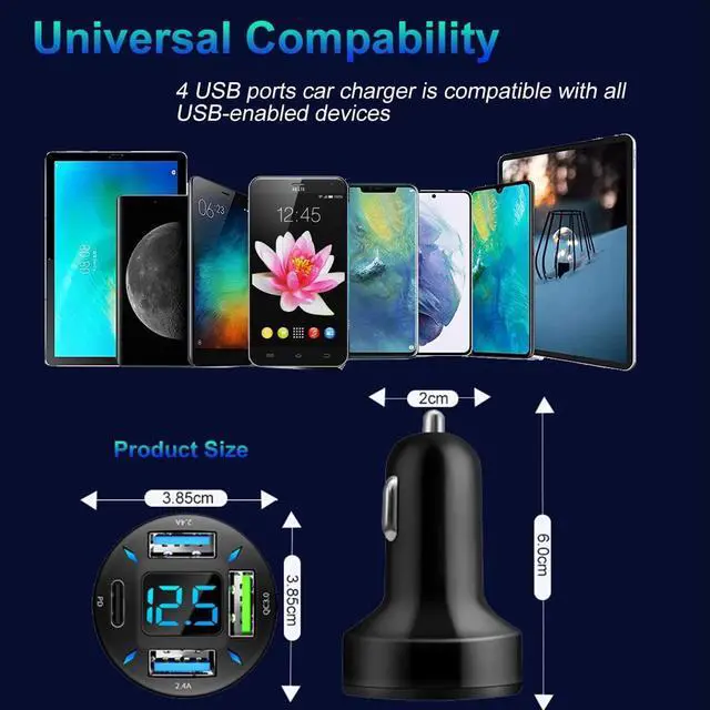 Alt view image 7 of 7 - GemCoo 4 Port USB Car Charger Adapter 50W PD & QC3.0 USB 2.4A Cigarette Lighter USB Charger with LED Voltmeter Fast Charger Compatible with iPhone, Android, Samsung, iPad Pro