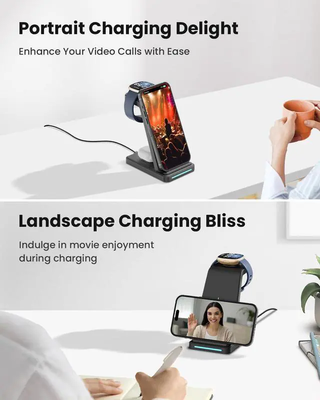 Alt view image 3 of 6 - Wireless Charger for Fitbit Charging Station - GEEKERA 3 in 1 Phone Charger Stand for Fitbit Watch Sense 2/Sense/Versa 4/3, iPhone, Samsung, Google Pixel Phones, Androids,  3/2