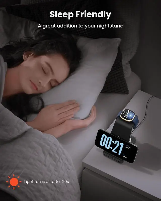 Alt view image 4 of 6 - Wireless Charger for Fitbit Charging Station - GEEKERA 3 in 1 Phone Charger Stand for Fitbit Watch Sense 2/Sense/Versa 4/3, iPhone, Samsung, Google Pixel Phones, Androids,  3/2