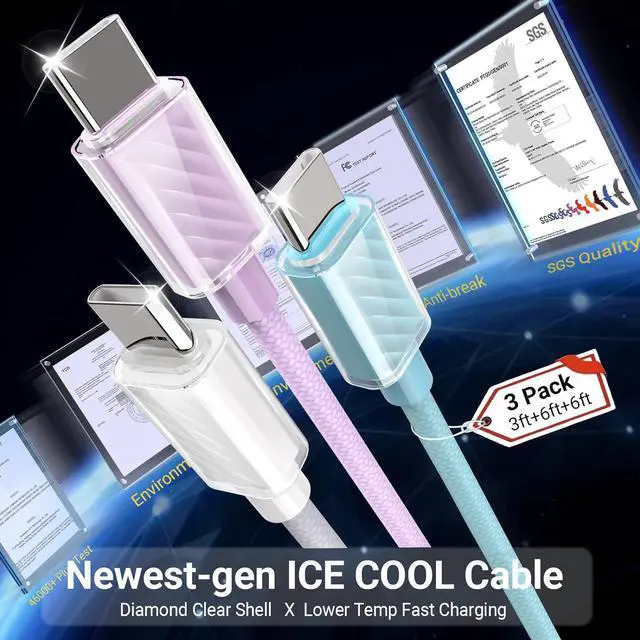 Alt view image 2 of 7 - 2024 New USB C Cable 60W, Ice Cool USBC to USBC Cable 3Pack[3/6/6ft][Fast Charging&Lower Temp]USB C to USB C Cable Type C Charger Cord for iPhone 15/15 Pro Max,, iPad, Samsung Galaxy S23