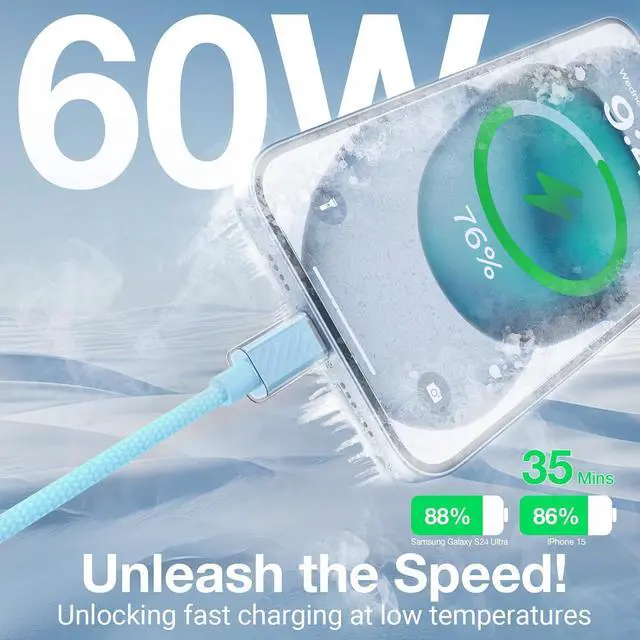 Alt view image 4 of 7 - 2024 New USB C Cable 60W, Ice Cool USBC to USBC Cable 3Pack[3/6/6ft][Fast Charging&Lower Temp]USB C to USB C Cable Type C Charger Cord for iPhone 15/15 Pro Max,, iPad, Samsung Galaxy S23