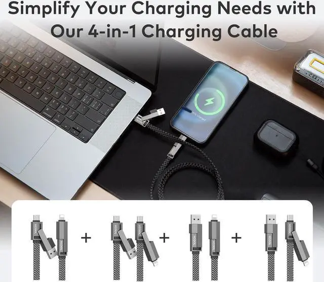 Alt view image 2 of 7 - USB C Cable 4-in-1 USB-C Cable (3ft) 100W C to C Cable Fast Charging with Hook-and-Loop Fastener and Cable Management Universal Charging Cable for MacBook iPad iPhone  Gray