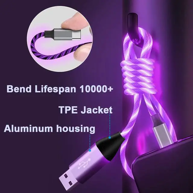Alt view image 2 of 7 - Areson USB Type C Cable, LED Light up USB A to Type C Charger Cord Compatible with Samsung Galaxy S20/S10/S9/S8, LG V40, 3A Lighted Fast Charge Cord (Purple, 6 ft)