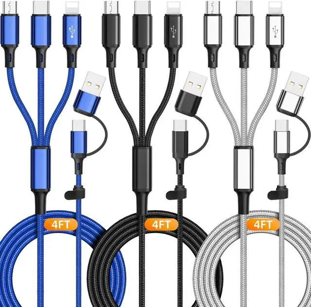 Main image of 3Pack Multi 6 in 1 Fast Charging Cable 4FT/1.2M Quick Charge Cord Nylon Braided USB A/C to Type C+Micro USB+i-Product Connector Sync Adapter for iPhone/Android/Tablets