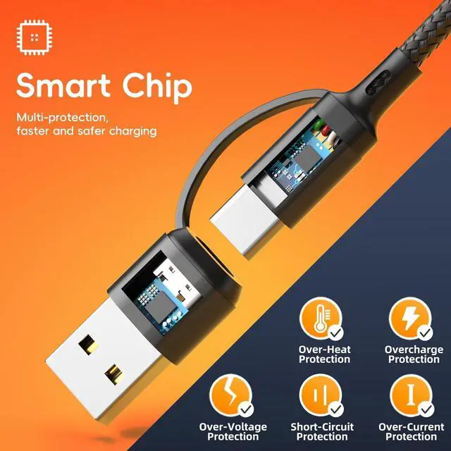 Alt view image 4 of 7 - 3Pack Multi 6 in 1 Fast Charging Cable 4FT/1.2M Quick Charge Cord Nylon Braided USB A/C to Type C+Micro USB+i-Product Connector Sync Adapter for iPhone/Android/Tablets