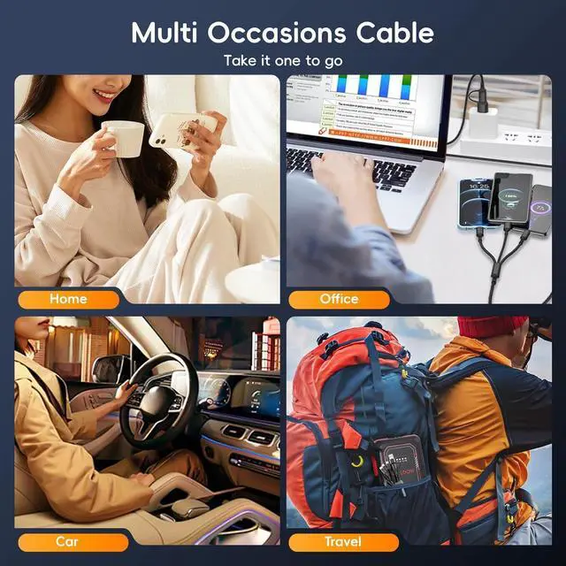 Alt view image 6 of 7 - 3Pack Multi 6 in 1 Fast Charging Cable 4FT/1.2M Quick Charge Cord Nylon Braided USB A/C to Type C+Micro USB+i-Product Connector Sync Adapter for iPhone/Android/Tablets