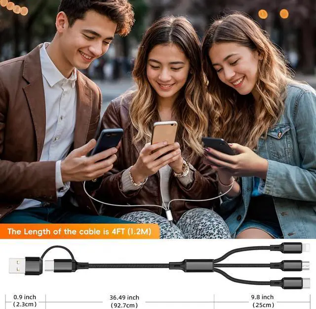 Alt view image 7 of 7 - 3Pack Multi 6 in 1 Fast Charging Cable 4FT/1.2M Quick Charge Cord Nylon Braided USB A/C to Type C+Micro USB+i-Product Connector Sync Adapter for iPhone/Android/Tablets