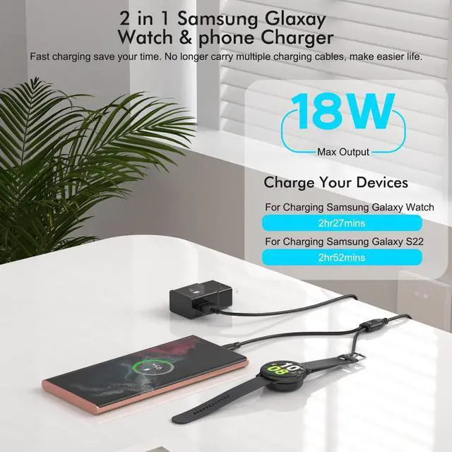 Alt view image 2 of 7 - 2 in 1 Samsung Watch Charger 6.6FT/2M Galaxy Watch Charger Cable with 18W USB A Fast Charger Power Adapter Plug for Samsung Galaxy Watch 6/5/4/3/2/1,Galaxy S23/S22/S21/S20/S10/Note 20/10/9/8,Buds,Tab