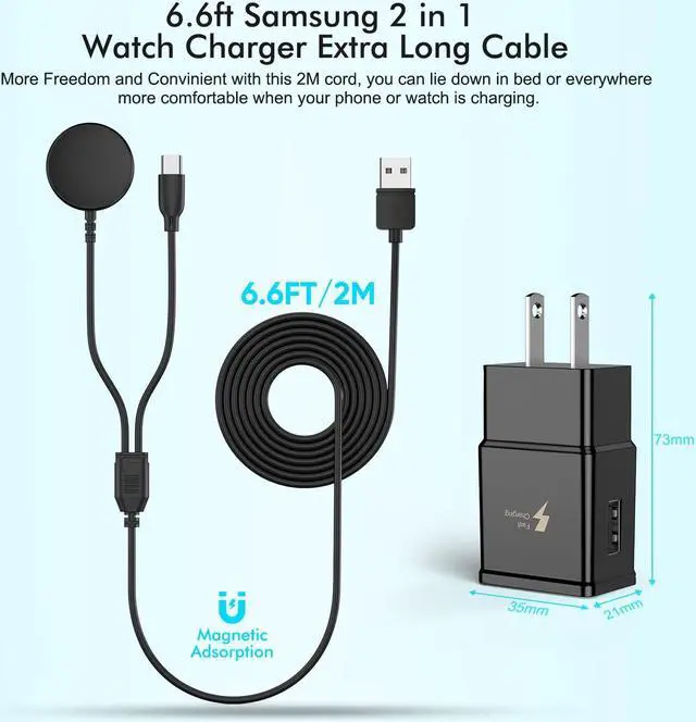 Alt view image 3 of 7 - 2 in 1 Samsung Watch Charger 6.6FT/2M Galaxy Watch Charger Cable with 18W USB A Fast Charger Power Adapter Plug for Samsung Galaxy Watch 6/5/4/3/2/1,Galaxy S23/S22/S21/S20/S10/Note 20/10/9/8,Buds,Tab