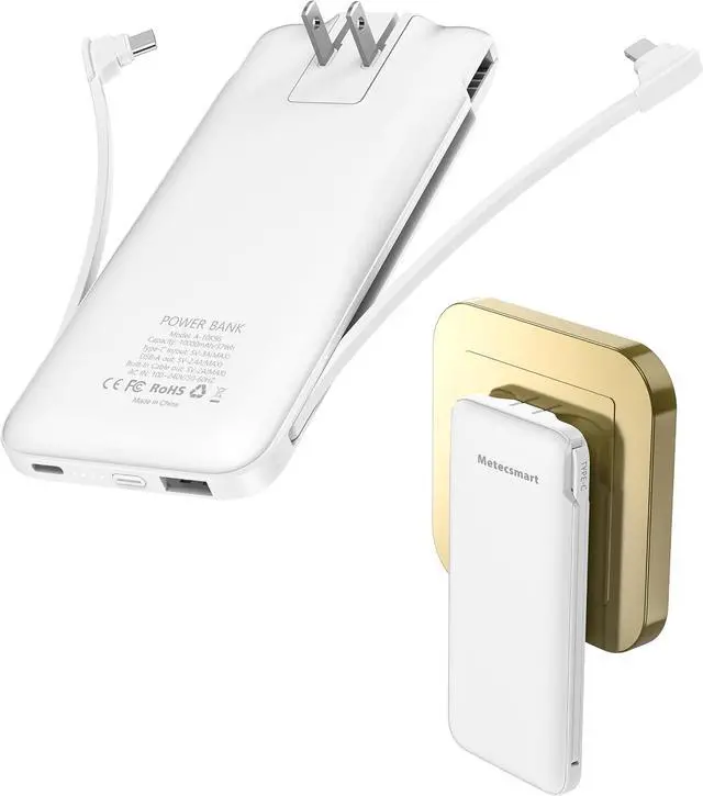 Main image of Portable Charger Power Bank with Built in Cable and AC Wall Plug, 10000mAh Fast USB C Phone Charger, Slim Thin Mini Charging Battery Pack Compatible with Smartphones and All USB-C Devices