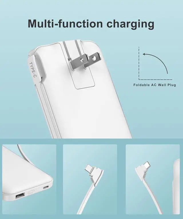 Alt view image 2 of 6 - Portable Charger Power Bank with Built in Cable and AC Wall Plug, 10000mAh Fast USB C Phone Charger, Slim Thin Mini Charging Battery Pack Compatible with Smartphones and All USB-C Devices