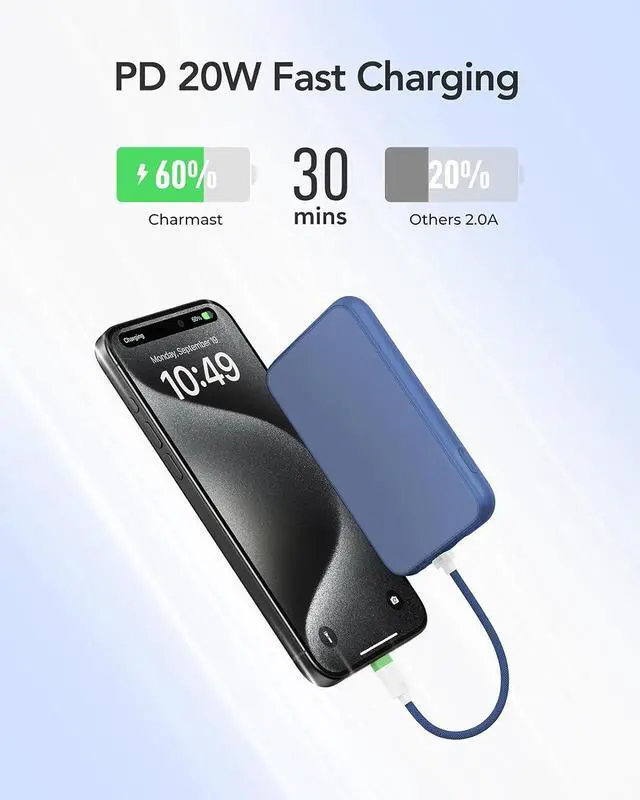 Alt view image 3 of 7 - Charmast Compact Wired Portable Charger, Slim 10000mAh Fast Charging Power Bank with Built-in Versatile Cable (Removable) for iPhone & Android (No-Wireless), Aesthetic Gifts for Family Friends