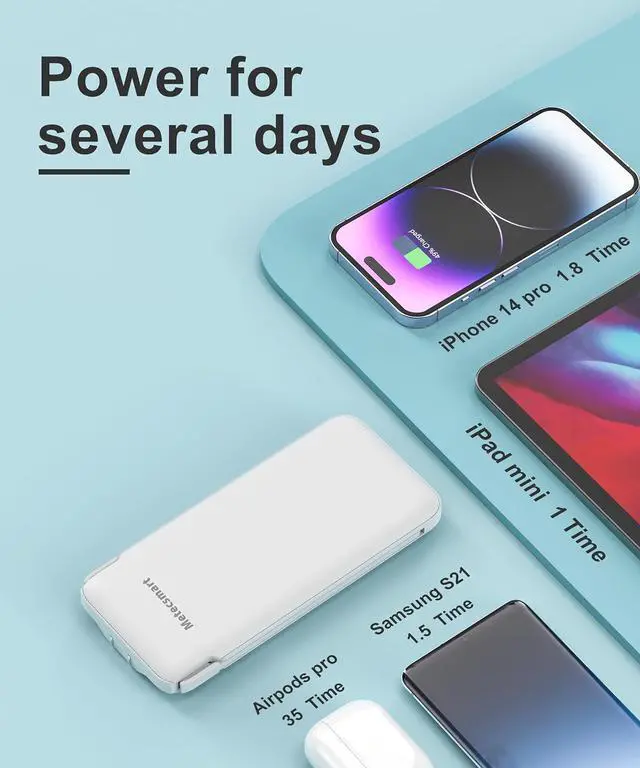 Alt view image 4 of 6 - Portable Charger Power Bank with Built in Cable and AC Wall Plug, 10000mAh Fast USB C Phone Charger, Slim Thin Mini Charging Battery Pack Compatible with Smartphones and All USB-C Devices
