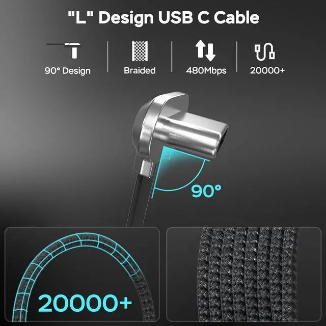 Alt view image 3 of 7 - USB C Charger Cable,60W 6ft Type C Charging Cable,Flat 90-Degree C-Port,Type C Fast Charging with L Design Right Angle Seamless Charging for iPhone 15 Pro/Pro Max,,Samsung S23/S22/S21 etc.