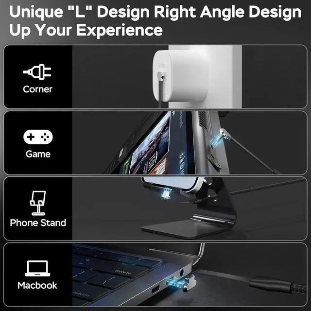 Alt view image 6 of 7 - USB C Charger Cable,60W 6ft Type C Charging Cable,Flat 90-Degree C-Port,Type C Fast Charging with L Design Right Angle Seamless Charging for iPhone 15 Pro/Pro Max,,Samsung S23/S22/S21 etc.