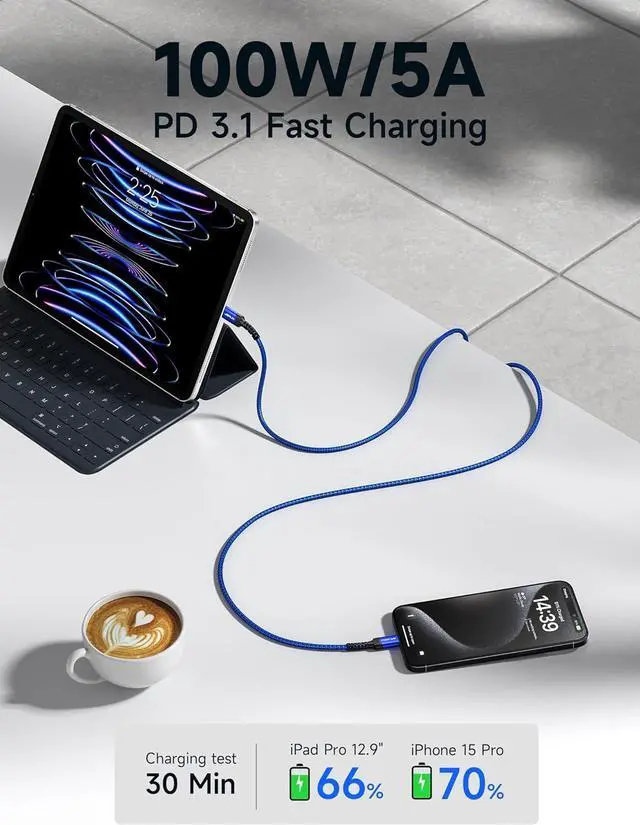 Alt view image 2 of 7 - JSAUX 100W USB C to USB C Cable (2-Pack, 10ft), USBC Type-C Charge Cord 5A Fast Charging Compatible with iPhone 16e/16/16 Plus/16 Pro Max/15 Samsung Galaxy S25 S24 MacBook iPad Air Pro Carplay Blue