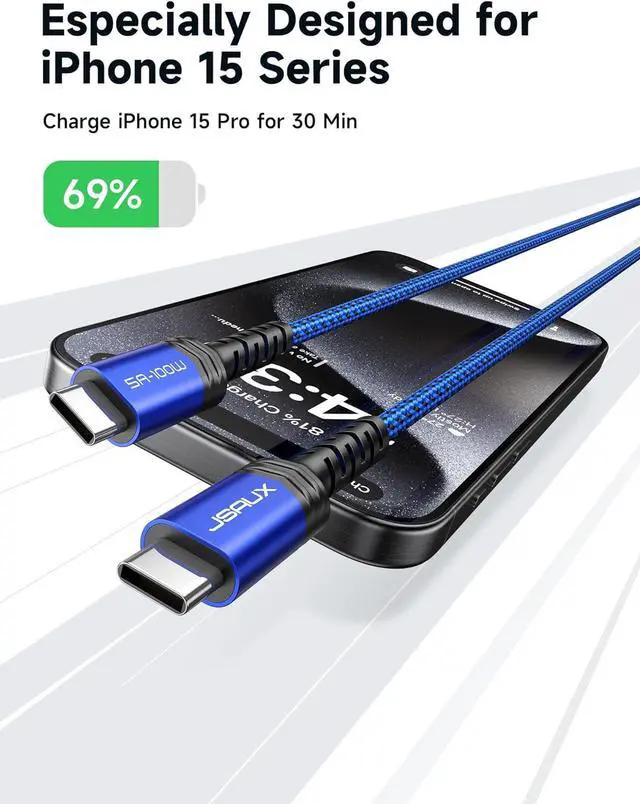 Alt view image 3 of 7 - JSAUX 100W USB C to USB C Cable (2-Pack, 10ft), USBC Type-C Charge Cord 5A Fast Charging Compatible with iPhone 16e/16/16 Plus/16 Pro Max/15 Samsung Galaxy S25 S24 MacBook iPad Air Pro Carplay Blue