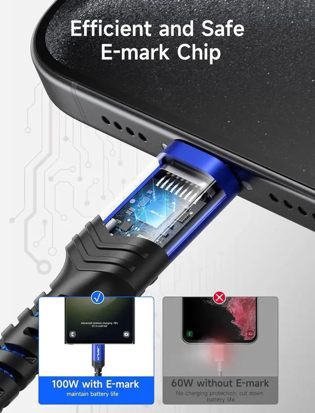 Alt view image 5 of 7 - JSAUX 100W USB C to USB C Cable (2-Pack, 10ft), USBC Type-C Charge Cord 5A Fast Charging Compatible with iPhone 16e/16/16 Plus/16 Pro Max/15 Samsung Galaxy S25 S24 MacBook iPad Air Pro Carplay Blue