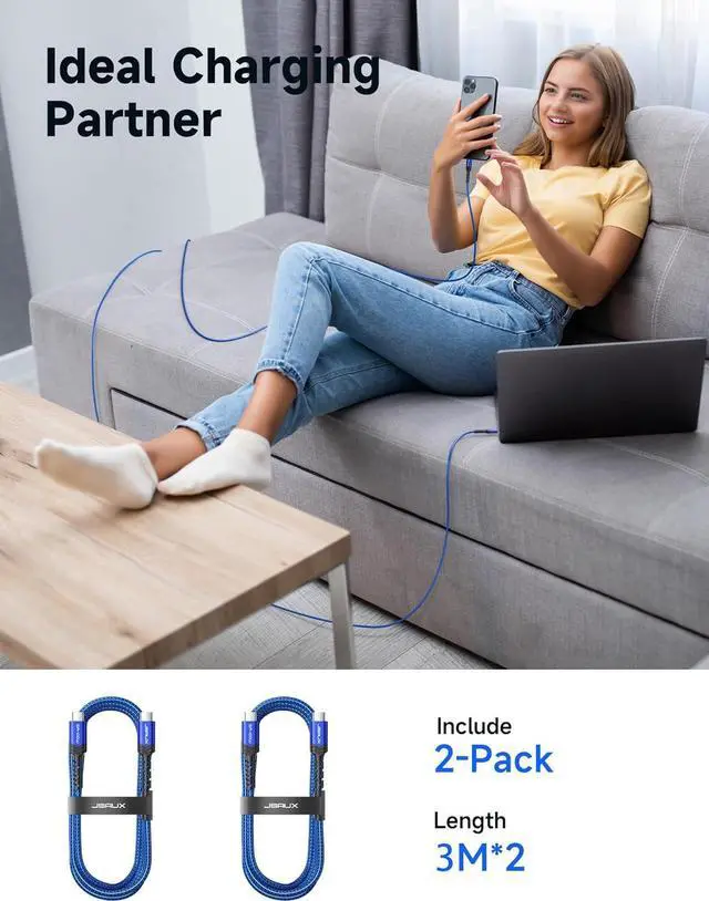 Alt view image 6 of 7 - JSAUX 100W USB C to USB C Cable (2-Pack, 10ft), USBC Type-C Charge Cord 5A Fast Charging Compatible with iPhone 16e/16/16 Plus/16 Pro Max/15 Samsung Galaxy S25 S24 MacBook iPad Air Pro Carplay Blue