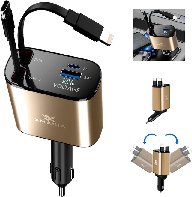 Main image of Xmania Retractable Car Charger - 4 in 1 Fast Car Phone Charger, 120W, 2 Retractable Cables, 2 USB Ports & Voltage Display, Compatible with iPhone 16/15/14/13/12/11 Series, Galaxy, Pixel, Gold