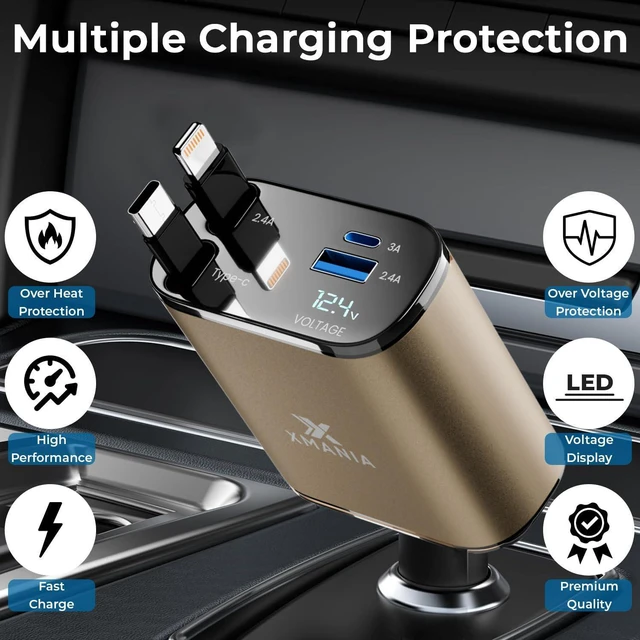 Alt view image 3 of 7 - Xmania Retractable Car Charger - 4 in 1 Fast Car Phone Charger, 120W, 2 Retractable Cables, 2 USB Ports & Voltage Display, Compatible with iPhone 16/15/14/13/12/11 Series, Galaxy, Pixel, Gold