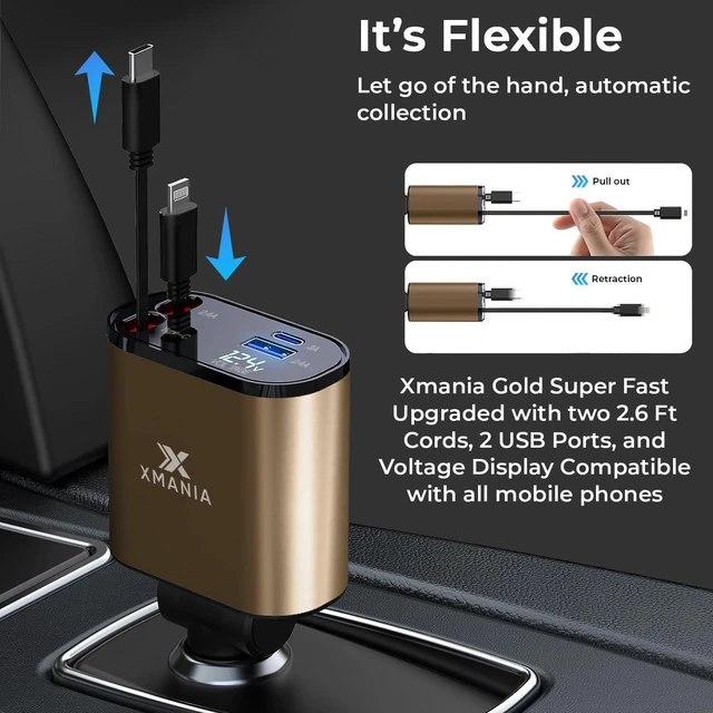 Alt view image 4 of 7 - Xmania Retractable Car Charger - 4 in 1 Fast Car Phone Charger, 120W, 2 Retractable Cables, 2 USB Ports & Voltage Display, Compatible with iPhone 16/15/14/13/12/11 Series, Galaxy, Pixel, Gold