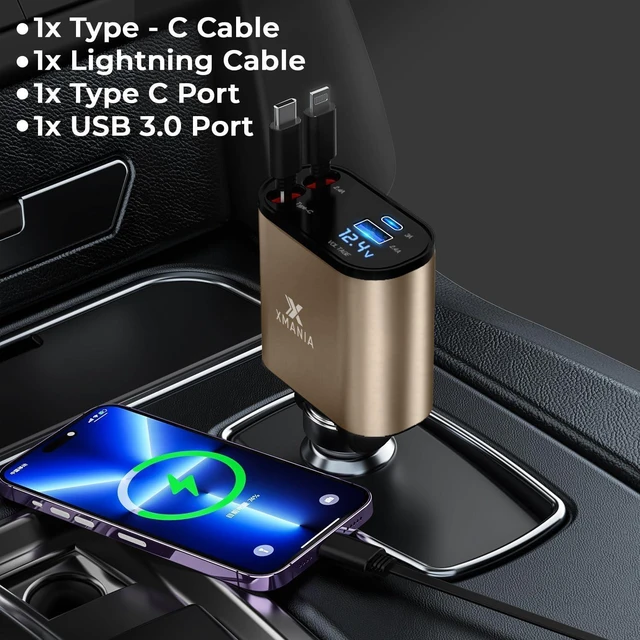 Alt view image 5 of 7 - Xmania Retractable Car Charger - 4 in 1 Fast Car Phone Charger, 120W, 2 Retractable Cables, 2 USB Ports & Voltage Display, Compatible with iPhone 16/15/14/13/12/11 Series, Galaxy, Pixel, Gold