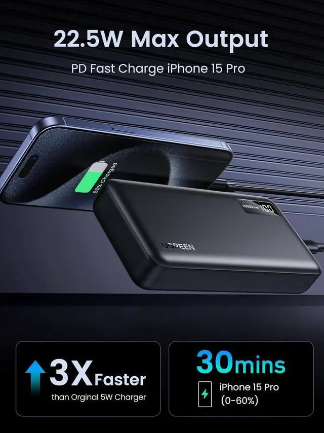 Alt view image 4 of 7 - UGREEN Power Bank, 20000mAh 22.5W Portable Charger USB C Input&Output PD 3.0 Fast Charging Battery Pack with Digital Display for iPhone 15/14/13/12, Galaxy S24/S23, Pixel 8, ipad, LG, etc