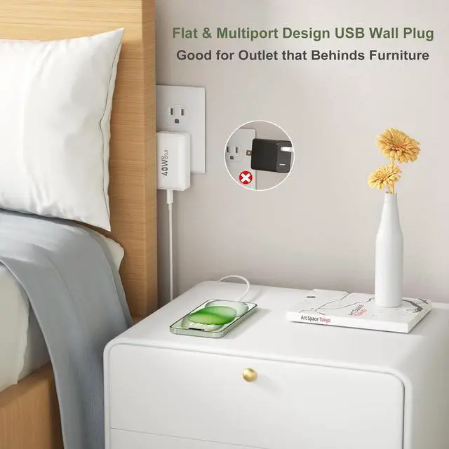 Alt view image 2 of 7 - USB C Wall Charger Flat, OKRAY 40W 4-Port QC+PD3.0 Slim USB-C Fast Charging Block with Foldable Plug, Multiport Portable Power Adapter Compatible for iPhone 15/14/13/12/11/iPad, Samsung GalaxyS23 Note