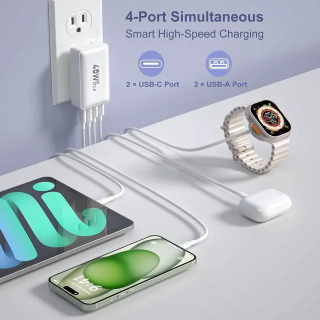 Alt view image 3 of 7 - USB C Wall Charger Flat, OKRAY 40W 4-Port QC+PD3.0 Slim USB-C Fast Charging Block with Foldable Plug, Multiport Portable Power Adapter Compatible for iPhone 15/14/13/12/11/iPad, Samsung GalaxyS23 Note