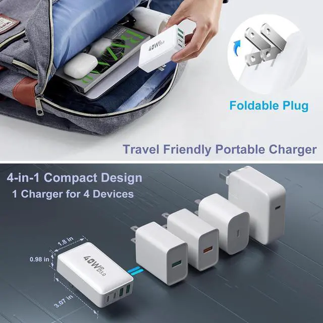 Alt view image 5 of 7 - USB C Wall Charger Flat, OKRAY 40W 4-Port QC+PD3.0 Slim USB-C Fast Charging Block with Foldable Plug, Multiport Portable Power Adapter Compatible for iPhone 15/14/13/12/11/iPad, Samsung GalaxyS23 Note
