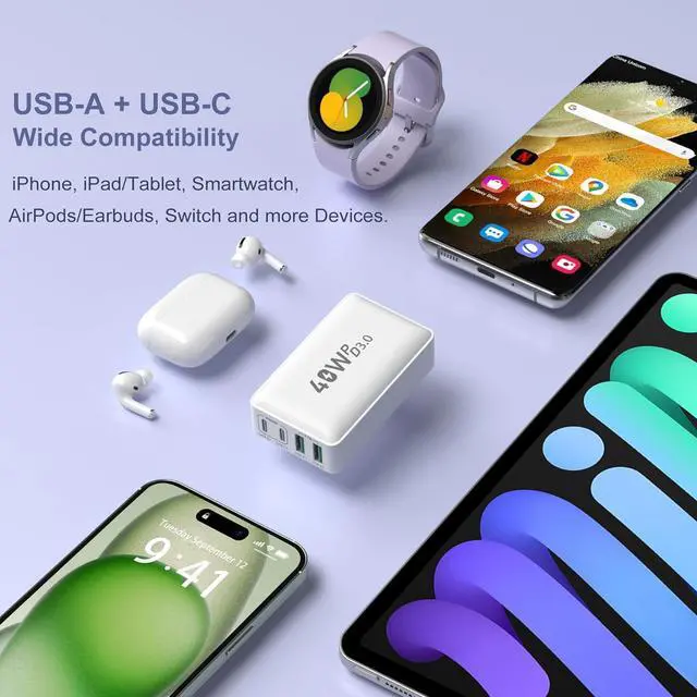 Alt view image 7 of 7 - USB C Wall Charger Flat, OKRAY 40W 4-Port QC+PD3.0 Slim USB-C Fast Charging Block with Foldable Plug, Multiport Portable Power Adapter Compatible for iPhone 15/14/13/12/11/iPad, Samsung GalaxyS23 Note