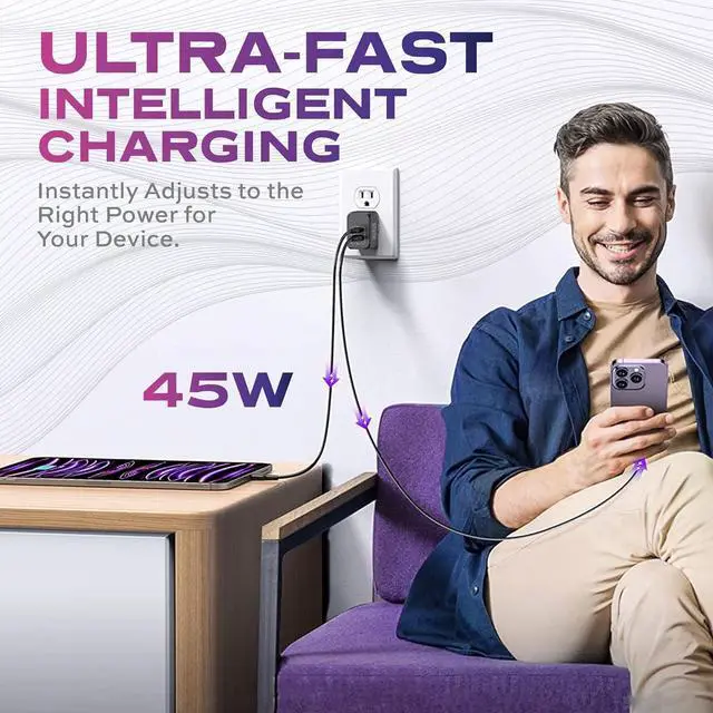 Alt view image 5 of 7 - STATIK Fast-Charging GaN Power Adapter - 45W Dual USB C & USB - International Plugs - Foldable Compact Travel Charger for iPhone, iPad, Samsung, Pixel - Smart Overheat Protection - Cable Not Included