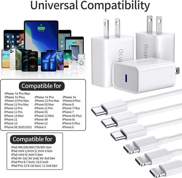 Alt view image 6 of 7 - for iPhone Charger Fast Charging [MFi Certified] 3Pack 20W PD USB C Wall Charger Block with 6.6ft USB C to Lightning Cable Compatible with iPhone14 13 12 11 Pro Max Mini Xs Xr iPad & More