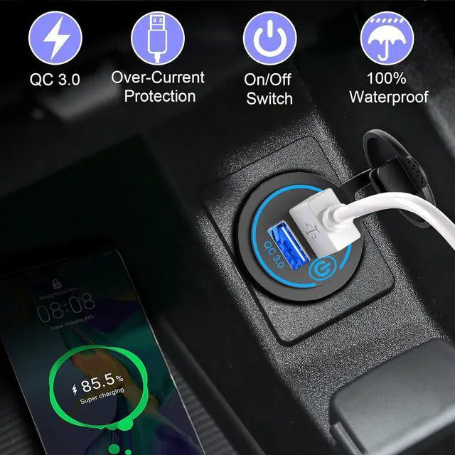 Alt view image 3 of 7 - Qidoe 36W Dual QC3.0 USB Power Charger Socket, Waterproof 12V USB Outlet with Touch Switch Car USB Port for RV Motorcycle Boat Marine Truck Golf Cart