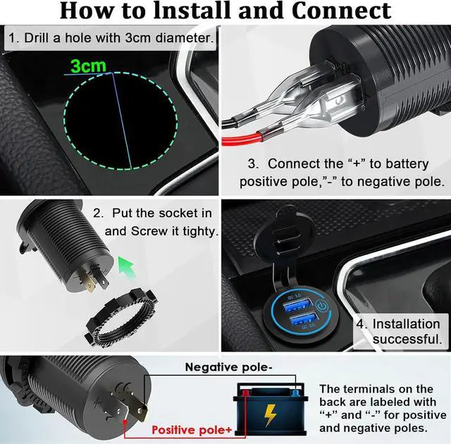 Alt view image 5 of 7 - Qidoe 36W Dual QC3.0 USB Power Charger Socket, Waterproof 12V USB Outlet with Touch Switch Car USB Port for RV Motorcycle Boat Marine Truck Golf Cart